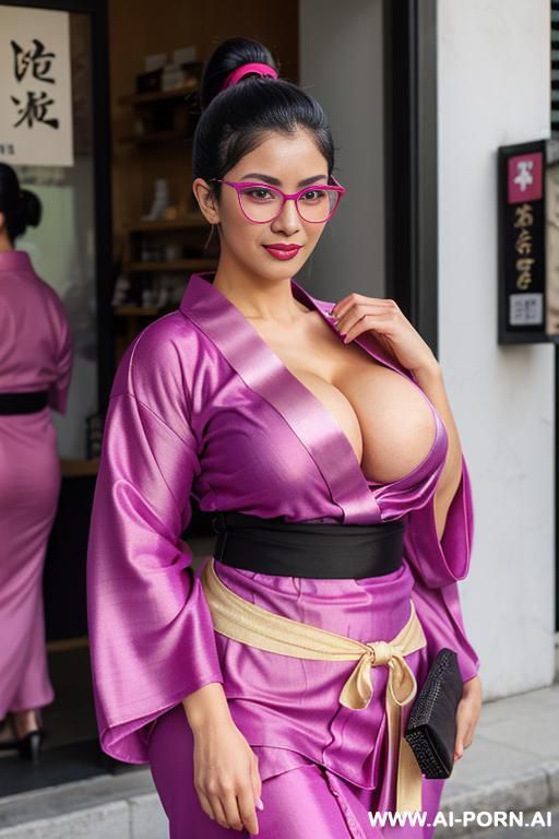 ((caucasian latina)), (sleek hair comured backds,)) ,(ponytail) thick hair ((round borderless glasses)), seducive, long black and white colored skirt, furry jacket, open, ,no tattoos, tanned ,close face in camera - #main