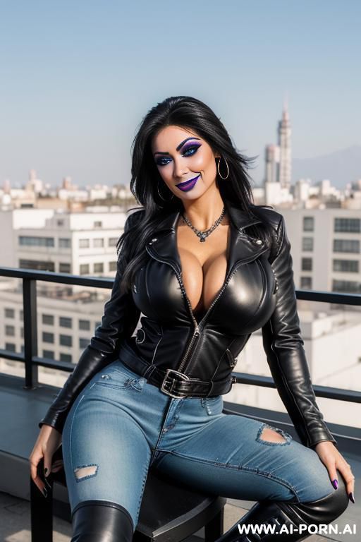 ((((latina milf)))) with (((((gigantic tits))))) and (((long hair))), ((((((makeup)))))) , (((tight black leather jacket))) (((tight jeans))) (((boots))) ((big ass)) - #main