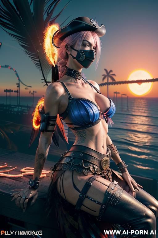 ((((masterpiece)))), (((woman sitting))), (glowing red eyes), (long blue purple and white hair with a flower), ((crop top white collar shirt with red tie)), ((((flaming angel wing)))), ((navy formal - #main