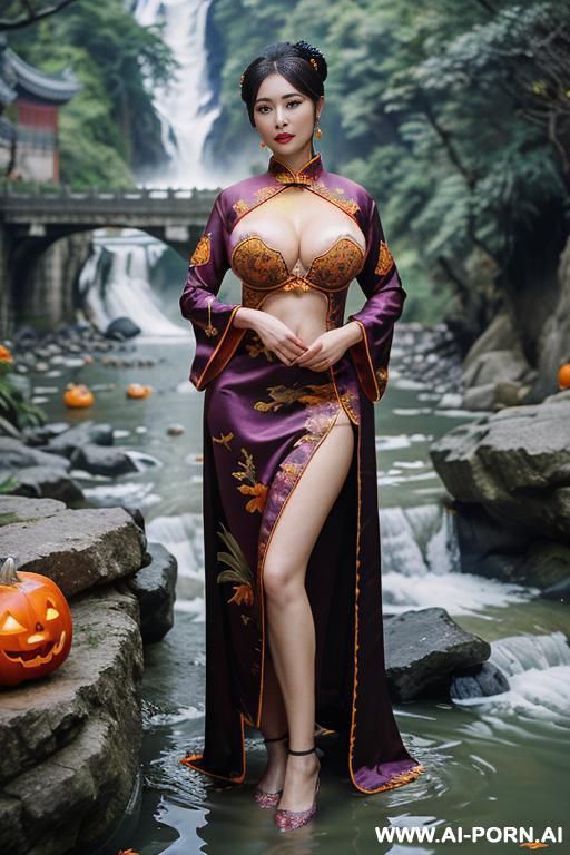 ((empress of china)), ((chinese traditional dress)), ((nature river)), ((waterfall background)), ((full lips)), ((halloween)), ((bath in river)) - #main