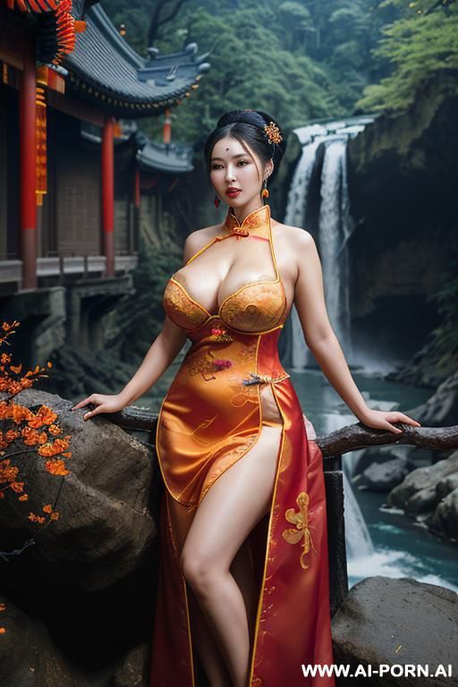((empress of china)), ((chinese traditional dress)), ((nature river)), ((waterfall background)), ((full lips)), ((halloween)) - #main