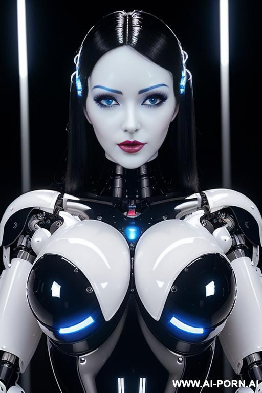 (beautiful very real very detailed tranformer style robo-cop robot doll total meccanical artificial robot body woman) with long black hair and black-white sky blue glossy glass rubber latex - #main