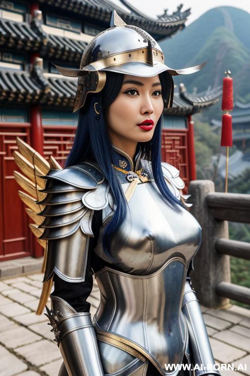 ((chinese armor)), ((chinese medieval)), ((chinese helmet armor)), ((steel)), ((blue)), ((full lips)), ((smart)), ((firm face)), ((chinese palace background)), ((hold spear)) - #main