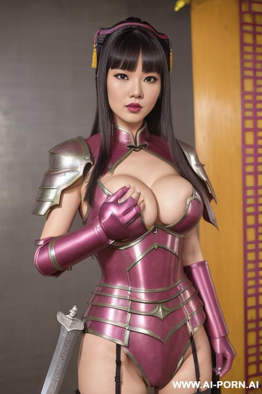 ((chinese armor)), ((chinese medieval)), ((steel)), ((magenta), ((full lips)), ((smart)), ((chinese town background)), ((full armor)), ((sword and shield)), ((chinese magenta empire armor)), ((stand)) - #main