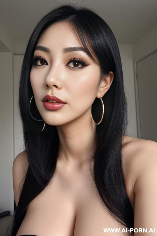 kneeling, extremely pretty, makeup, long eyelashes, full lips, button nose, flowing hair, hoop earrings, big round boobs, tight waist, stare - #main