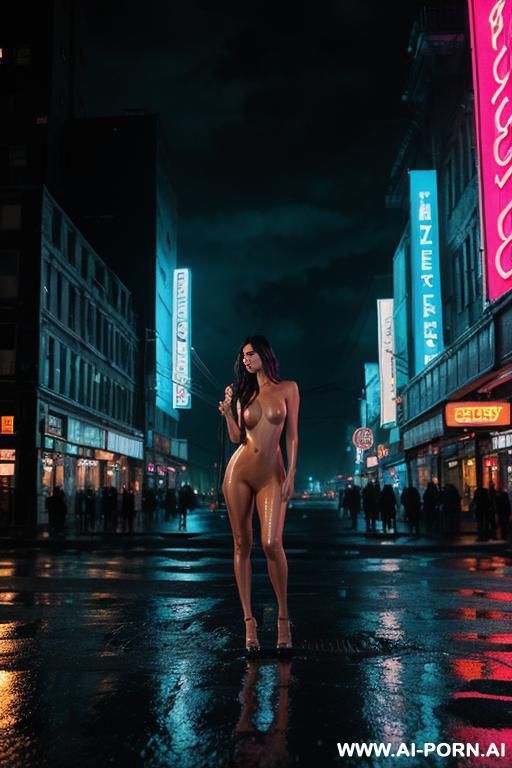 woman, fully nude, standing in a window, city street, future world, dramatic lighting, neon, night, wet, dirty, wires, crowd passing by - #main