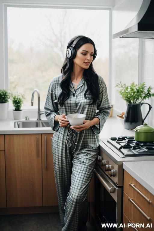 photorealistic scene of a sexy woman in a bright modern kitchen in the morning. she wears loose plaid pajama pants, leaning casually against a white counter while stirring a bowl. she has - #main