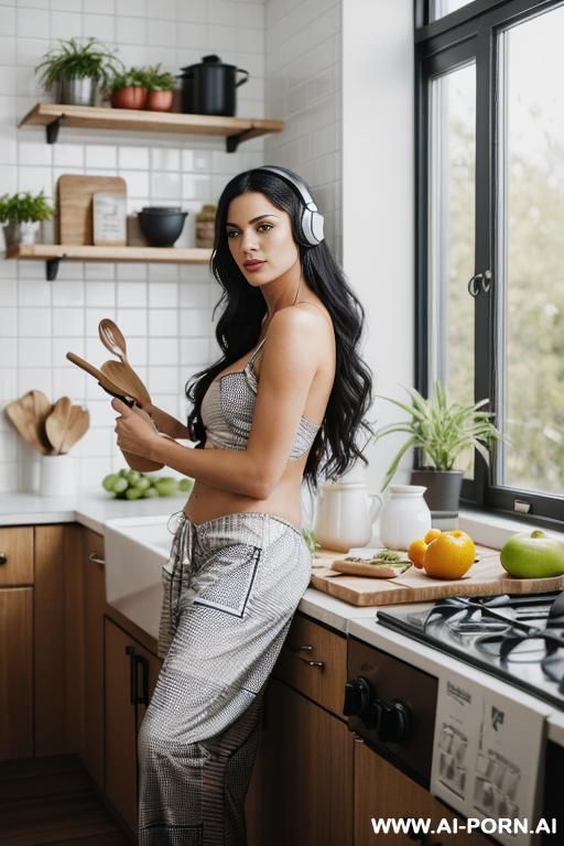 photorealistic scene of a sexy woman in a bright modern kitchen in the morning. she wears no top and loose plaid pajama pants, leaning casually against a white counter while stirring a bowl. - #main