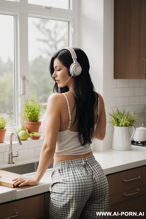 photorealistic scene of a woman in a bright modern kitchen in the morning. she wears a pastel tank top and loose plaid pajama pants, leaning casually against a white counter while stirring a - #main
