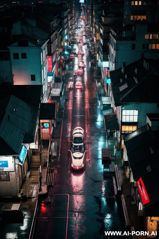 woman, fully nude, black splatter, leaning back, view from above, city street, alley, future world, dramatic lighting, neon, night, wet, puddles, dirty, trash, wires - #main
