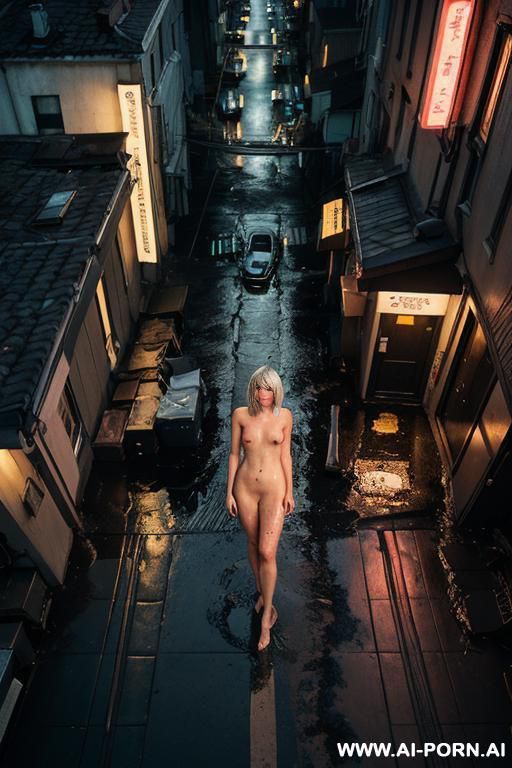 woman, fully nude, black splatter, lounging, leaning back, view from above, city street, alley, future world, dramatic lighting, neon, night, wet, puddles, dirty, trash, wires - #main