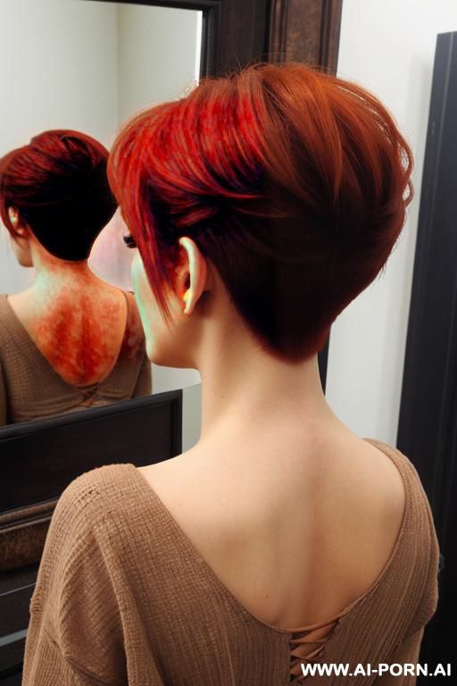 pixie hairstyle, redhead, skin, dark eye makeup, mirror shot, brown colored eyes, big eyes, ass visible - #main