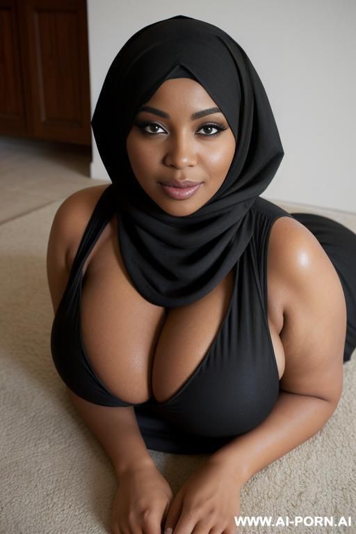 curvy black bimbo, large massive oversized breasts, black hijjab that covers her body, happy horny seductive expression, sleepy eyes, lying on the floor, bending over - #main