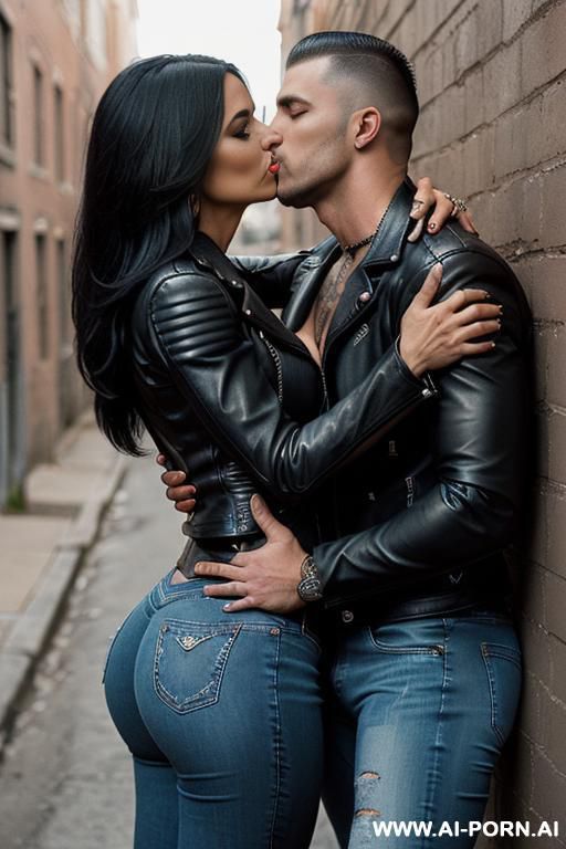 ((((latina milf kissing a man)))) with (((((gigantic tits))))) , (((makeup))) , (((tight black leather jacket))) (((tight jeans))) (((((kissing a muscular man in the stteet))))) (((boots))) ((big ass)) - #main
