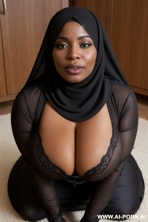 curvy black woman, gigantic massive oversized breasts, black hijjab that covers her body, happy horny seductive expression, sleepy eyes, kneeling on the floor - #main