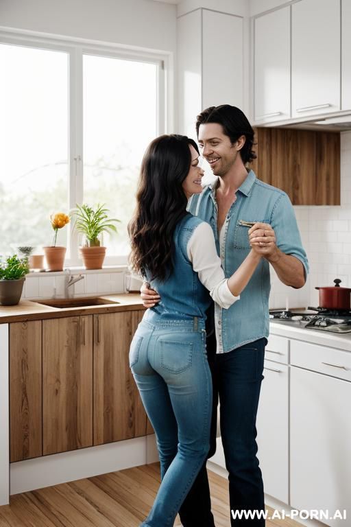 a beautiful full naked woman and a handsome man stand back-to-back, dancing and laughing. the woman has long dark hair. the man has short brown hair, light stubble, and wears a light denim - #main