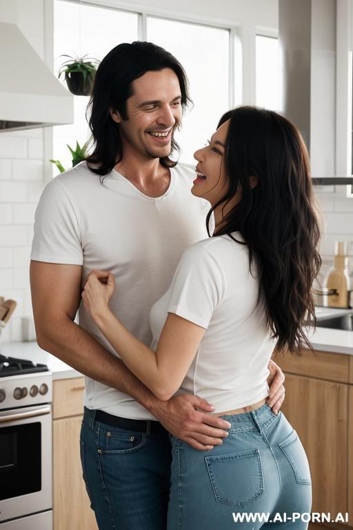 a beautiful woman and a handsome man stand back-to-back, dancing and laughing with expressive, joyful faces. the woman has long dark hair, wears a light casual t-shirt and panties. the man has - #main