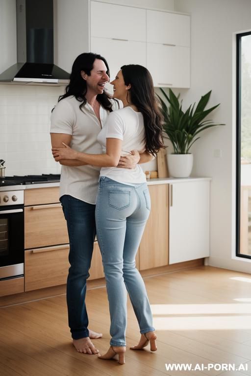 a bright modern kitchen with white doors, wooden countertops and light tiles. a woman and a man stand back-to-back, dancing and laughing with expressive, joyful faces. the woman has long dark - #main