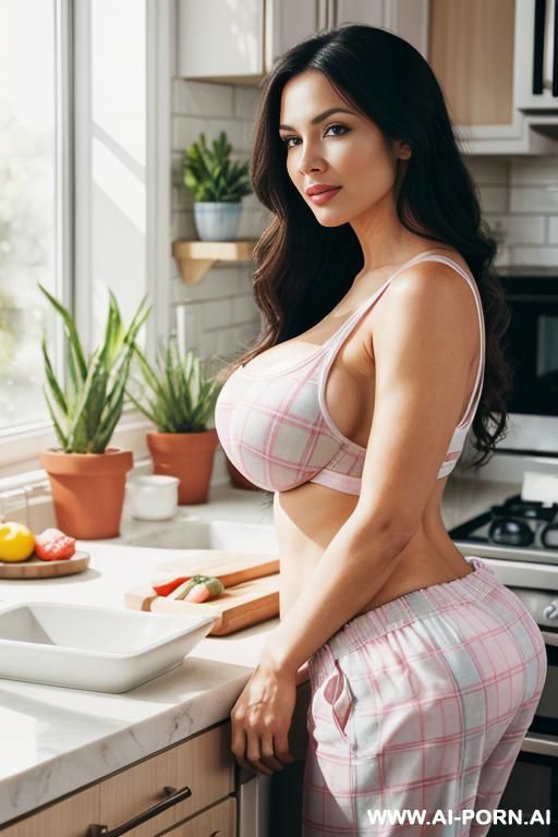 photorealistic scene of a milf in a bright modern kitchen in the morning. she wears a pastel tank top and loose plaid pajama pants, leaning casually against a white counter while stirring a - #main