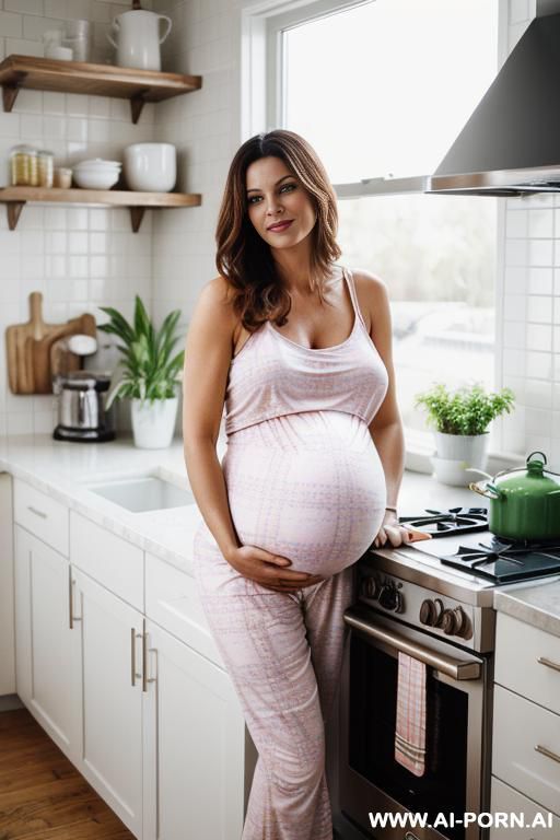 photorealistic scene of a pregnant milf in a bright modern kitchen in the morning. she wears a pastel tank top and loose plaid pajama pants, leaning casually against a white counter while - #main