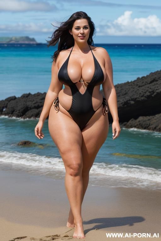 voluptuous body british woman, slingshot monokini, black sand beach, full body view - #main