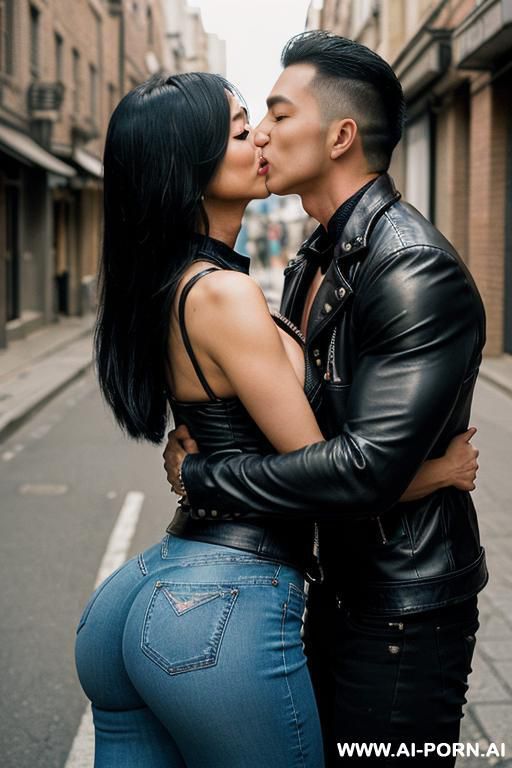 ((((asian milf kissing a man)))) with (((((gigantic tits))))) , (((makeup))) , (((tight black leather jacket))) (((tight jeans))) (((((kissing a muscular man in the street))))) (((boots))) ((((big ass)))) - #main