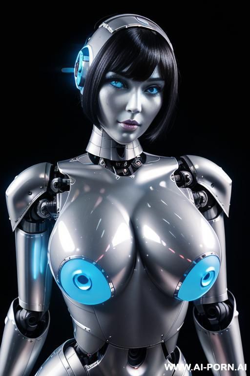 (beautiful very real very detailed robot tranformer style robo-cop robot doll total meccanical artificial robot body woman) with long black hair and black-white sky blue glossy glass rubber latex - #main