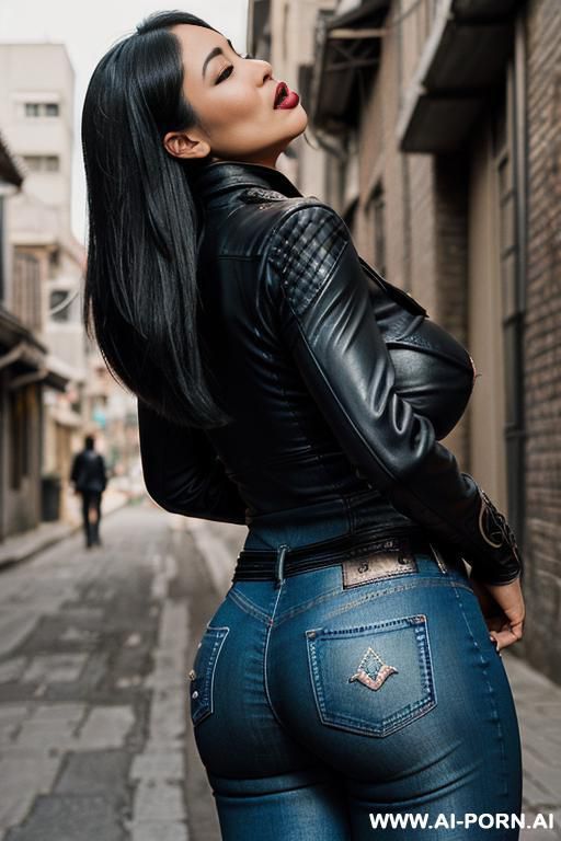 ((((asian milf kissing a man)))) with (((((((gigantic tits))))))) , (((makeup))) , (((tight black leather jacket))) (((tight jeans))) (((((kissing a muscular man in the street))))) (((boots))) ((((big ass)))) - #main
