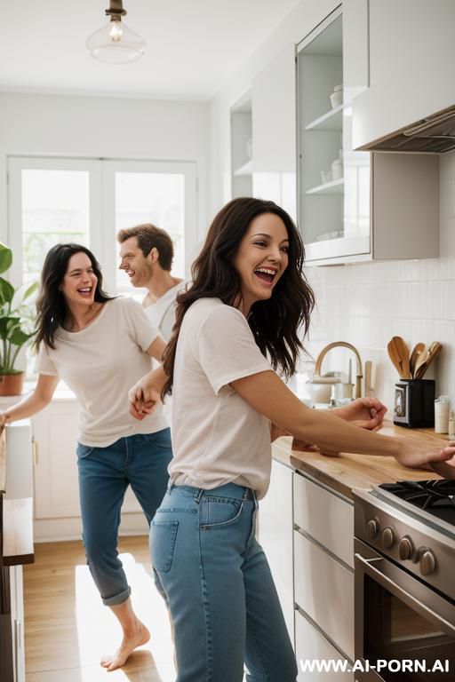 a woman and a man stand back-to-back, dancing and laughing with expressive, joyful faces. the woman has long dark hair, wears a light casual t-shirt and panties. the man has short brown hair, - #main