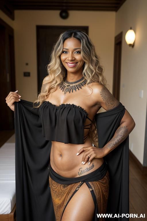 multiple tatooes, long hair, huge round ass, huge natural tits, wide hips, ebony woman, belly dancing clothes - #main