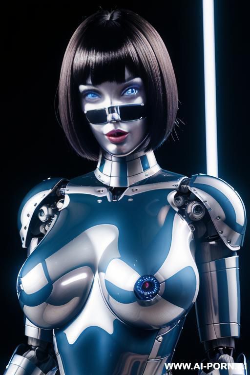 (beautiful very real very detailed robot tranformer style robo-cop robot doll total meccanical artificial robot body woman) with long black hair and black-white sky blue glossy glass rubber - #main