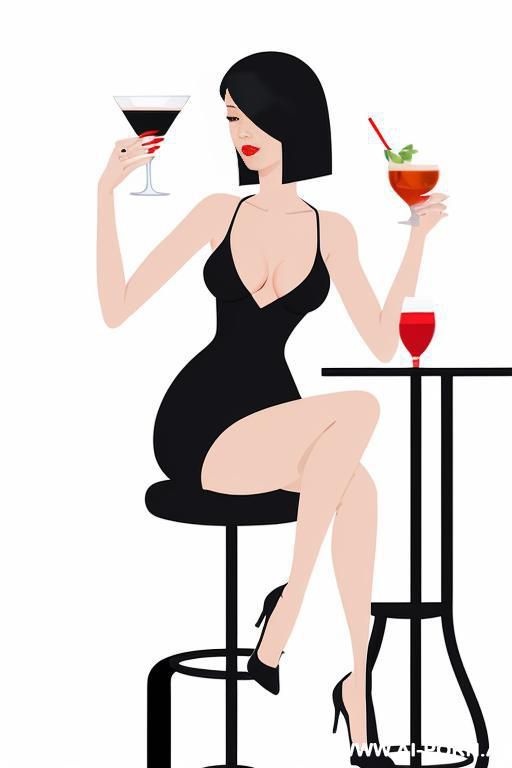 create a vector-style illustration of a stylish woman with a short black bob, sitting on a modern barstool with crossed legs and holding a cocktail glass. she is full naked. . use clean - #main