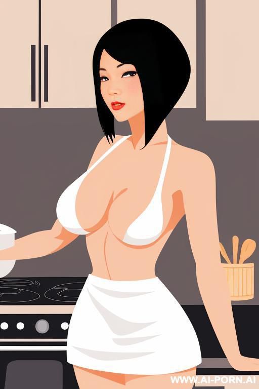 create a vector-style illustration of a woman with a short black bob, standing in the kitchen and cooking. she is full naked. - #main