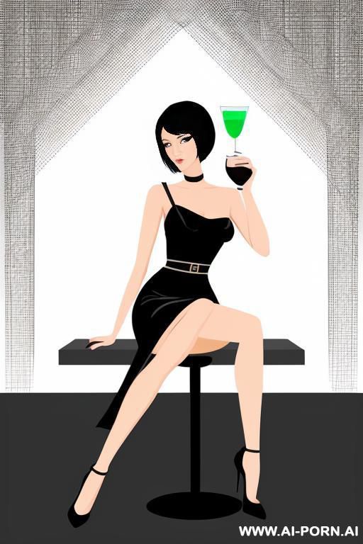 create a vector-style illustration of a stylish woman with a short black bob, sitting on a modern barstool with crossed legs and holding a cocktail glass. she wears a simple black dress. use - #main