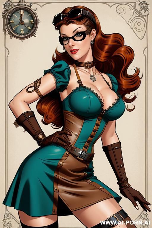 create a full-color illustration in the style of a dynamic steampunk pin-up cartoon. the character is a , attractive, energetic adventurer with large expressive eyes and long, voluminous, curly - #main