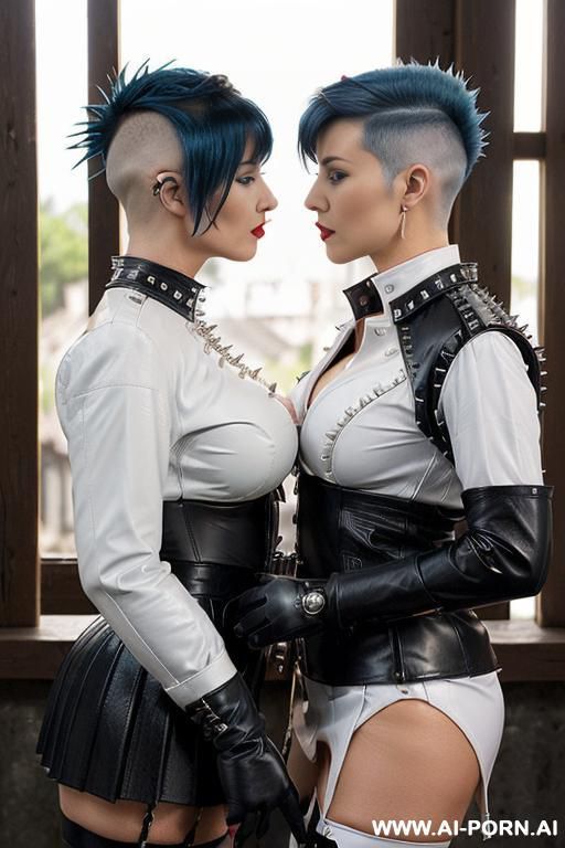two women kissing & touching each others boobs. (((the first woman is british wearing red leather jacket with spikes & studs, knot tied collared shirt, pleated plaid skirt, big tits, voluptuous, - #main