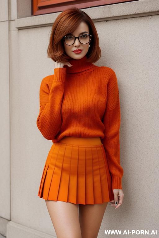 woman, short bobbed orange-brown hair and square orange-framed glasses, very tight orange turtleneck sweater; pleated red short skirt. - #main