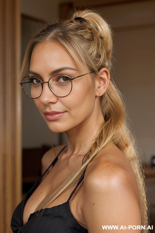 spanish, tanned skin, blond haircolor, long hair, ponytail, straight combed-back hair, borderless round glasses, seducive smirk, close up face, long skirt, black top, oval face - #main