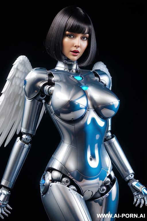 (beautiful very real very detailed angel robot tranformer style robo-cop robot doll total meccanical artificial robot body woman) with long black hair and black-white sky blue glossy glass rubber - #main