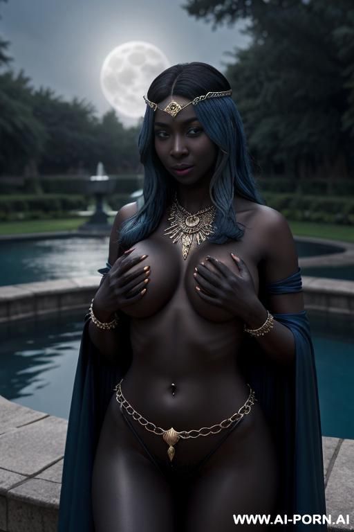 ((topless)), (((grabbing breasts))), (seductive eye contact), looking at viewer, (lustful face), (full voluminous hair), (necklaces), (((grabbing breasts))), (((perfect round breasts))), noir skin, (((dark - #main