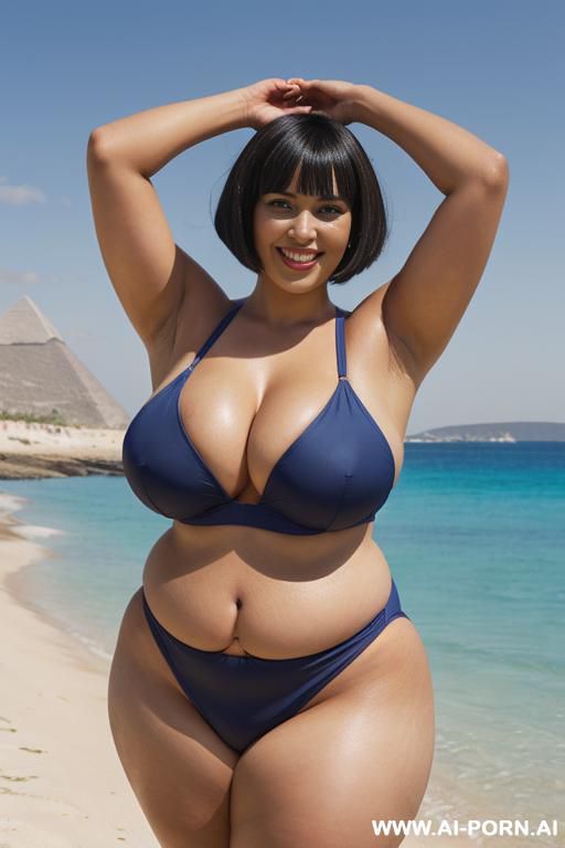 egyptian queen wearing a darkblue fullbody swimsuit, (bobcut hairstyle), (((massive huge breasts))), full body view, photorealistic, ((chubby woman)), ((wide hips)), ((huge butt)), beach, smiling, ((showing armpit)), (fifty years old) - #main