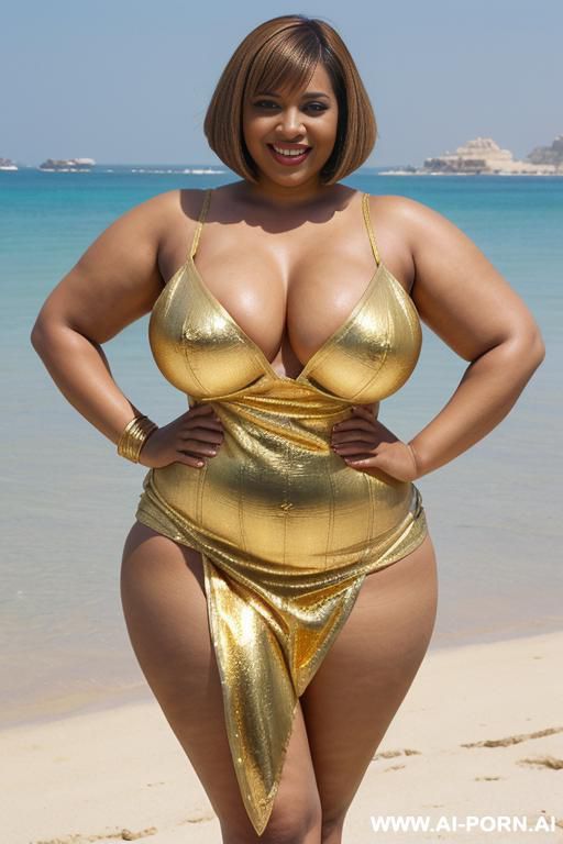 egyptian queen wearing a golden dress, (bobcut hairstyle), (((massive huge breasts))), full body view, photorealistic, ((chubby woman)), ((wide hips)), ((huge butt)), beach, smiling, ((showing armpit)), (fifty years old) - #main