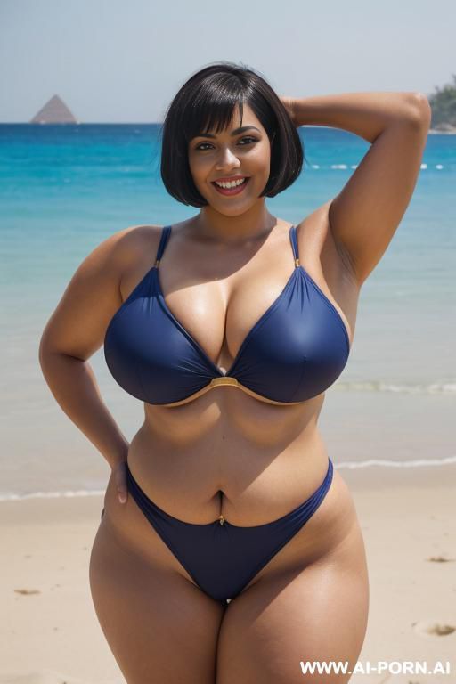 egyptian queen wearing a darkblue swimsuit, (bobcut hairstyle), (((massive huge breasts))), full body view, photorealistic, ((chubby woman)), ((wide hips)), ((huge butt)), beach, smiling, ((showing armpit)), (fifty years old) - #main