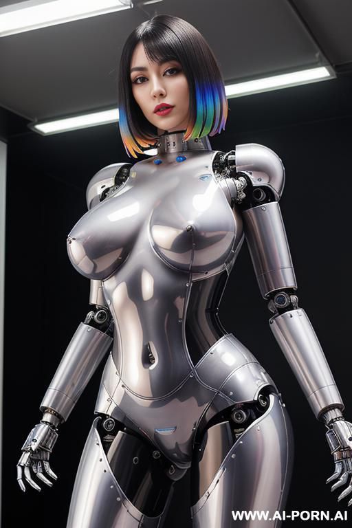 (beautiful very real very detailed robot doll total meccanical artificial robot body woman) with long black hair and black-white glossy glass rubber latex transparent colored skin threads, glowing - #main