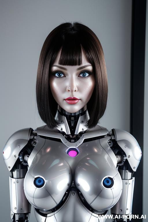 (beautiful very real very detailed robot doll total meccanical artificial robot body woman) with long black hair and black-white glossy rubber latex glass transparent colored skin threads, glowing - #main