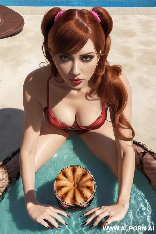 (maxican housewife), ((seductive)), ((orgasmic expression)), ((pear shaped body)), ((long bouffant voluminous auburn brown fluffy wavy two-tone slicked long hair bun)), ((fluo-red sheer fishnet cut out - #main