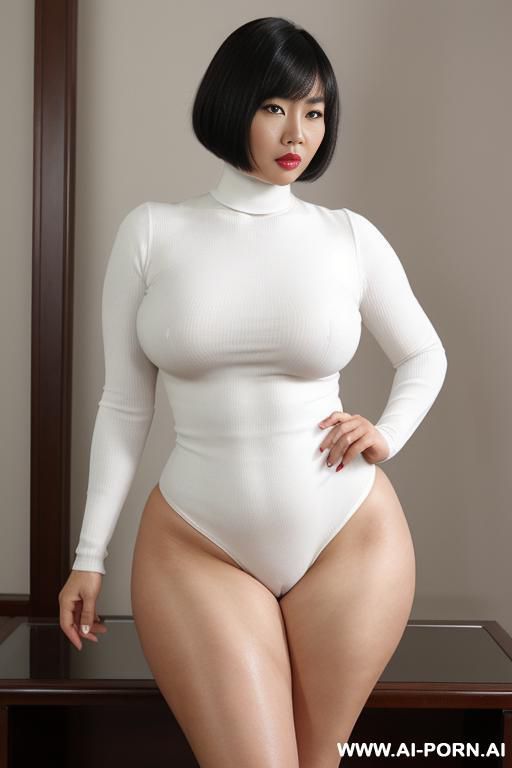 asian milf pouting sad in white turtle neck thick body curvy big ass bob cut hair facing camera hands on hips thick white glue on face power stance ands on hips legs wide - #main