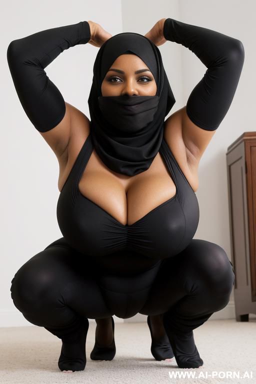 curvy black bimbo, large gigantic massive oversized breasts, black hijjab that covers her body, happy horny seductive expression, sleepy eyes, kneeling on the floor, bending over, ((arms up)) - #main