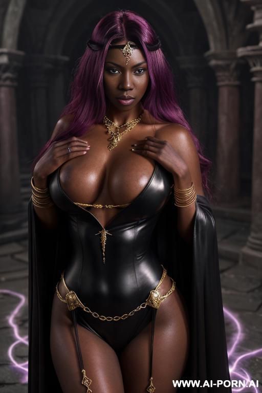 ((topless)), (((grabbing breasts))), (seductive eye contact), looking at viewer, (lustful face), (full voluminous hair), (necklaces), (((perfect round breasts))), noir skin, (((dark black skin))), magical - #main