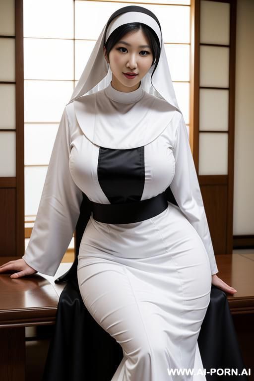 a japanese woman, extremely , dressed as a nun, with extremely large and wide breasts, and slender curves. - #main